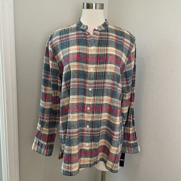 NEW Chaps Womens XL Plaid Button Up Shirt Linen Cotton Island Sun Collarless Top - Picture 1 of 10